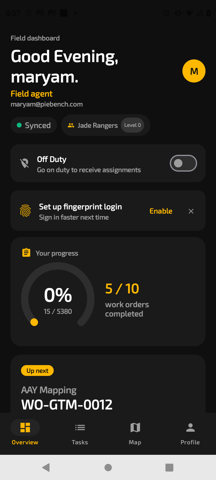 Scout field-agent dashboard — on/off duty and daily progress