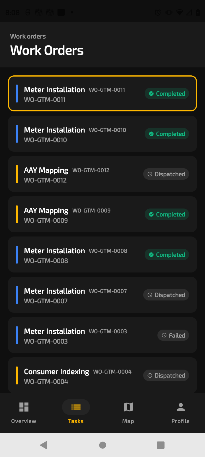 Scout work orders list with live statuses